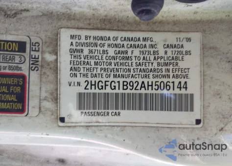 2010 Honda Civic Ex-L from USA, damaged, VIN 2HGFG1B92AH506144